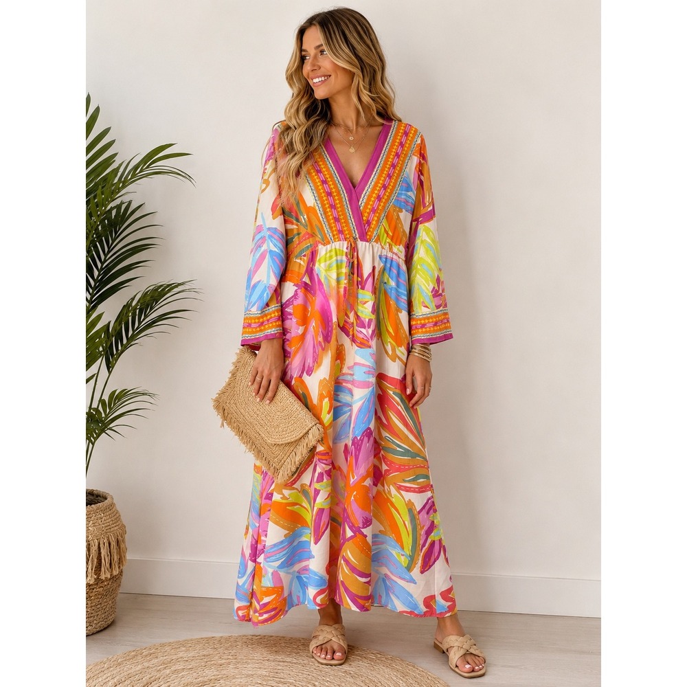 Emma & Michele XL Tropical Floral Boho Resort Maxi Dress Bell Sleeve